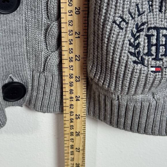 TOMMY HILFIGER Y2K Men’s Cable Knit Button Cardigan Sweater Gray XL Crest Logo - Picture 5 of 9